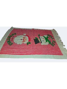 Vintage Christmas Kitchen Towel Santa Snowman Design Red White Stripes Fringed E